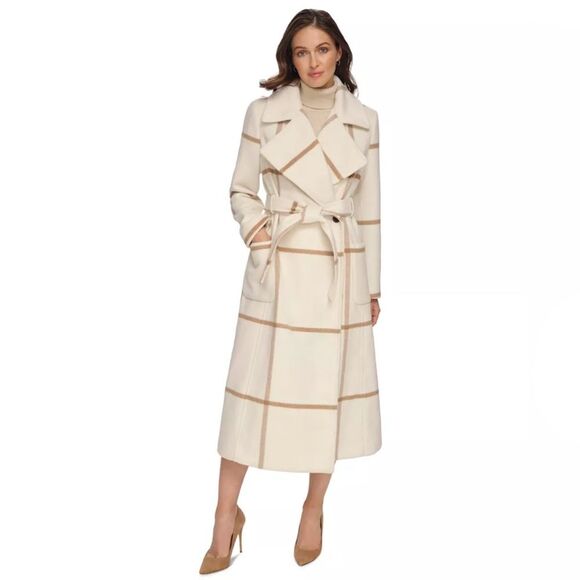 DKNY Notch Collar Belted Wrap Cream and Tan Plaid Classic Trench Coat, Size XL - Picture 2 of 5